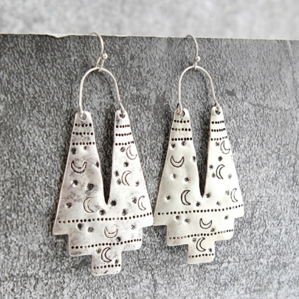 Boho Silver Moon Stamped Dangle Earrings - Picture 3 of 5